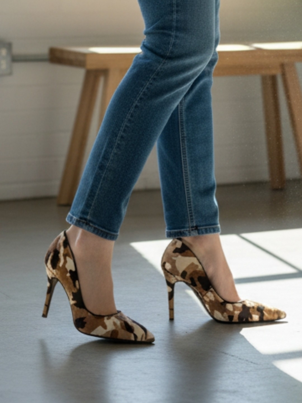 Betsey Johnson Camo Print Pointed Toe Stiletto Heels - Tan Brown Black